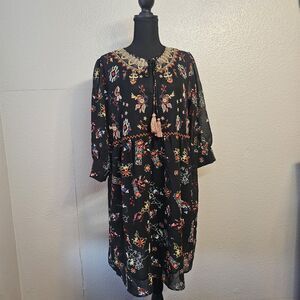 Philosophy Black Floral Midi Dress Sz Large Tie Front Embellished Boho I592